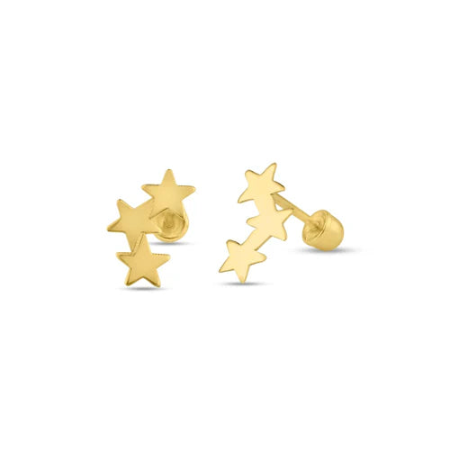 14 Karat Yellow Gold 3 Star Screw Back Stud Earring