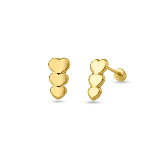 14 Karat Yellow Triple Heart Screw Back Stud Earring