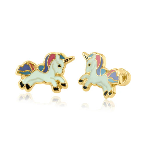 14 Karat Yellow Gold Enamel Color Kids Unicorn Screw Back Earring
