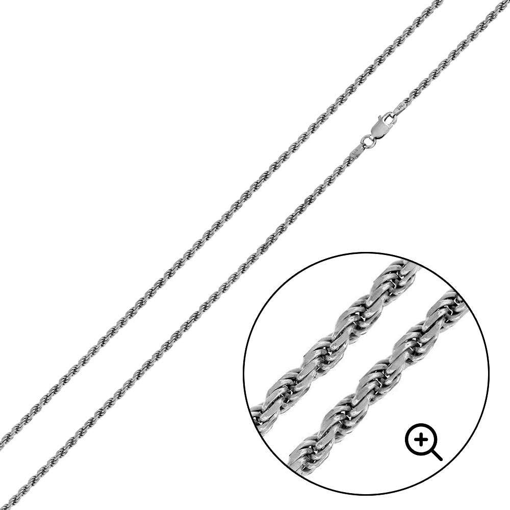 Rhodium Plated 925 Sterling Silver Rope 050 Chain or Bracelet 2.5mm